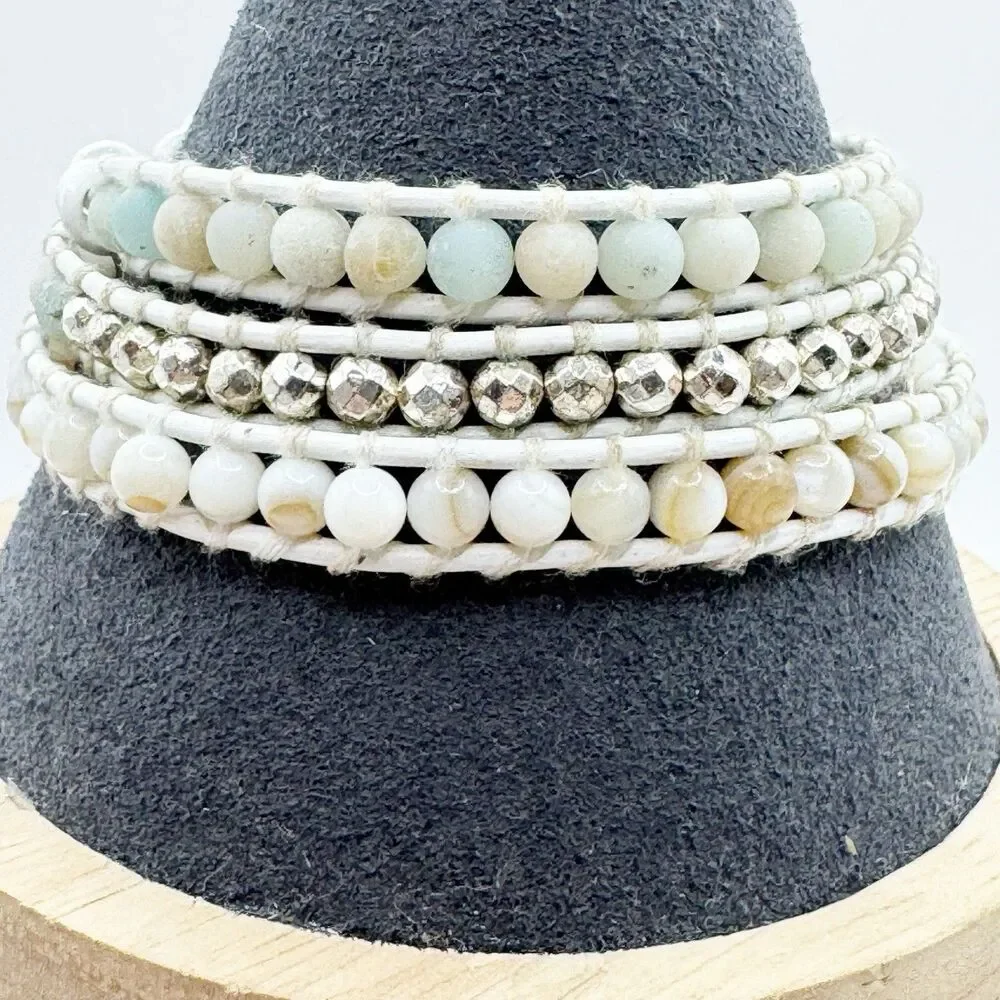 Victoria Emerson White Wrap Bracelet Muted Neutral Teal Stone And Silver Beads
